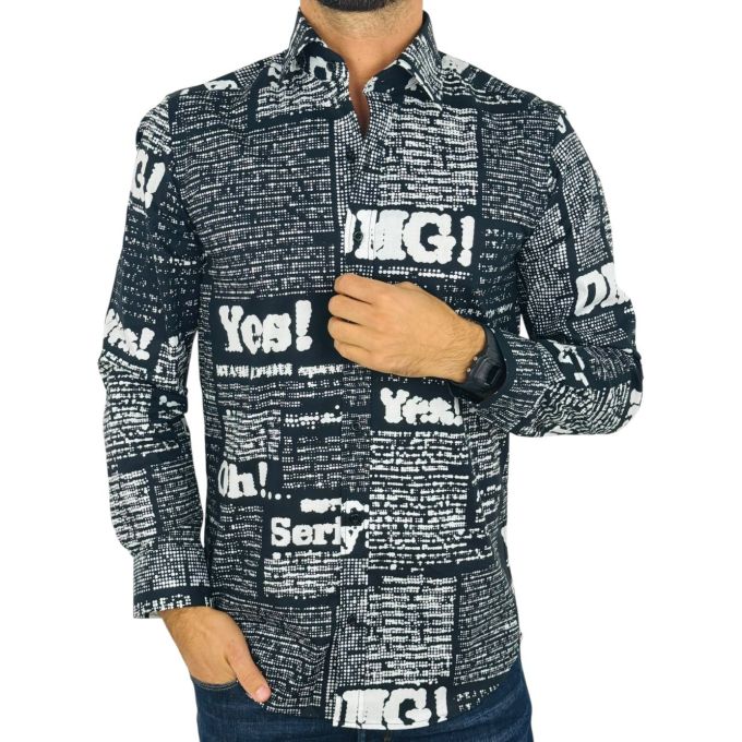 GIOVANNI PERA Koszula męska GP413 czarna, biały wzór, napisy, Oh! Yes No i inne | Sklep GriShop.eu | Koszule