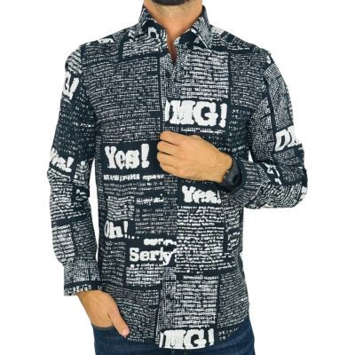 GIOVANNI PERA Koszula męska GP413 czarna, biały wzór, napisy, Oh! Yes No i inne | Sklep GriShop.eu | Koszule