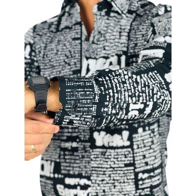 GIOVANNI PERA Koszula męska GP413 czarna, biały wzór, napisy, Oh! Yes No gazeta | Sklep GriShop.eu | Koszule