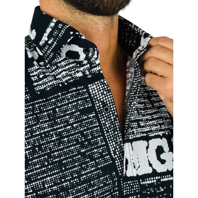 GIOVANNI PERA Koszula męska GP413 czarna, biały wzór, napisy, Oh! Yes No gazeta | Sklep GriShop.eu | Koszule