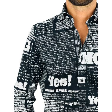 GIOVANNI PERA Koszula męska GP413 czarna, biały wzór, napisy, Oh! Yes No gazeta | Sklep GriShop.eu | Koszule 2