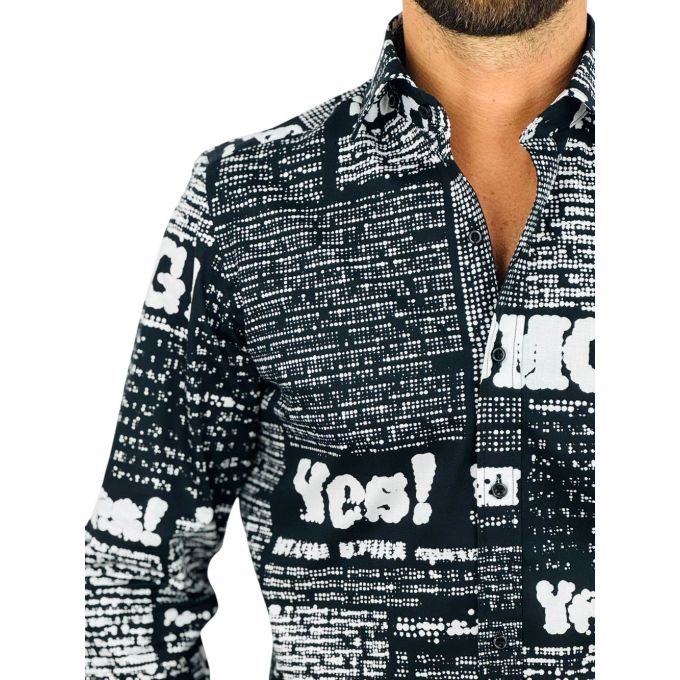 GIOVANNI PERA Koszula męska GP413 czarna, biały wzór, napisy, Oh! Yes No gazeta | Sklep GriShop.eu | Koszule