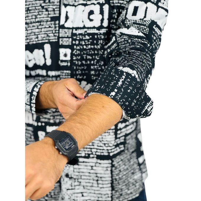 GIOVANNI PERA Koszula męska GP413 czarna, biały wzór, napisy, Oh! Yes No gazeta | Sklep GriShop.eu | Koszule