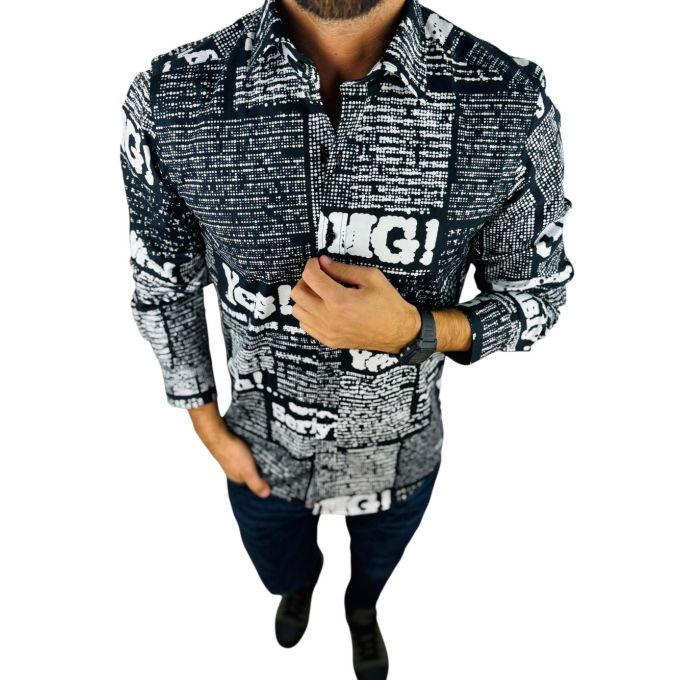 GIOVANNI PERA Koszula męska GP413 czarna, biały wzór, napisy, Oh! Yes No gazeta | Sklep GriShop.eu | Koszule