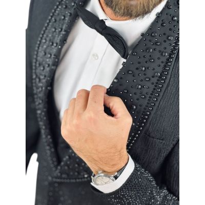 GIOVANNI PERA Garnitur GR9 czarny tłoczony, czarne ozdobne kryształki, ekskluzywny, sceniczny, dla Pana Mlodego i nie tylko | Sk