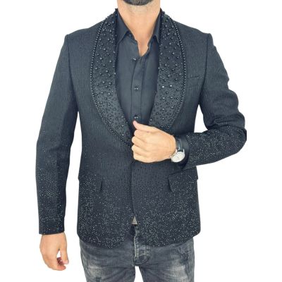 GIOVANNI PERA Marynarka GR9 czarna, ozdobne czarne kryształki, ekskluzywna, sceniczna, dla Pana Mlodego i nie tylko | Sklep GriS