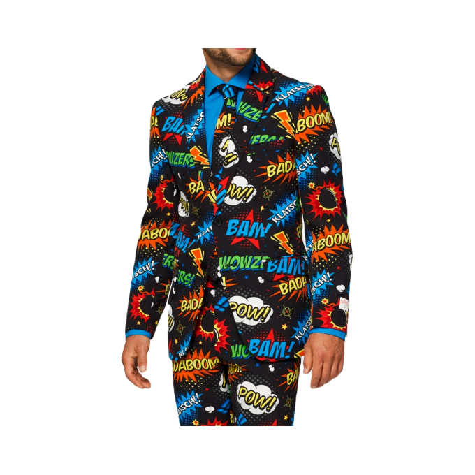 OPPOSUITS Garnitur męski z krawatem, wesoły, kolorowy komiks, wzór, BADABOOM, casual | Sklep GriShop.eu | Garnitury