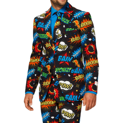 OPPOSUITS Garnitur męski z krawatem, wesoły, kolorowy komiks, wzór, BADABOOM, casual | Sklep GriShop.eu | Garnitury