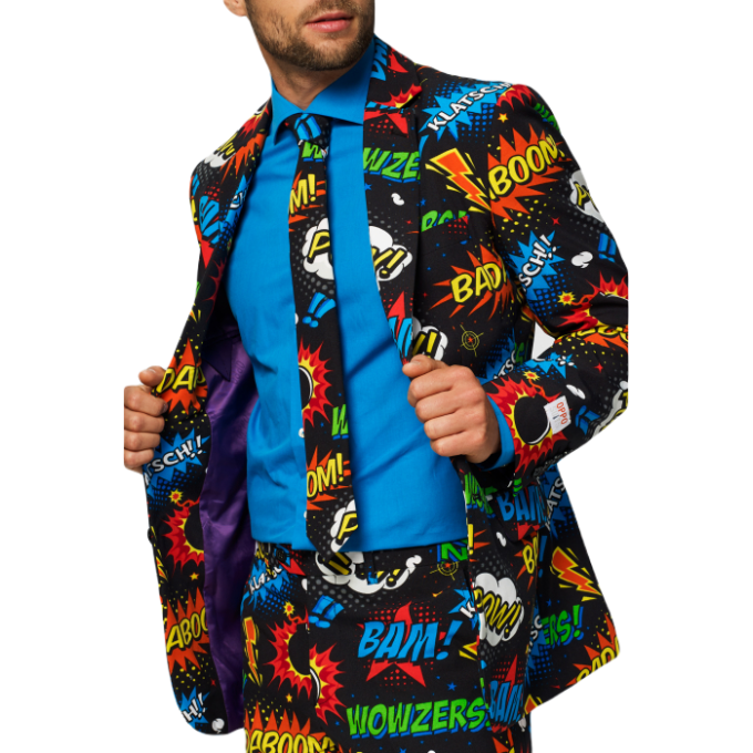 OPPOSUITS Garnitur męski z krawatem, wesoły, kolorowy komiks, wzór, BADABOOM, casual | Sklep GriShop.eu | Garnitury