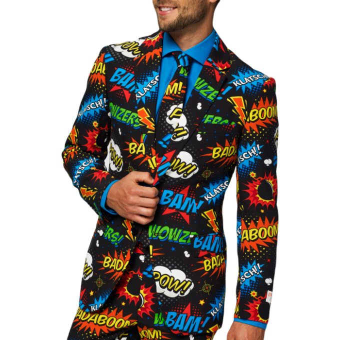 OPPOSUITS Garnitur męski z krawatem, wesoły, kolorowy komiks, wzór, BADABOOM, casual | Sklep GriShop.eu | Garnitury