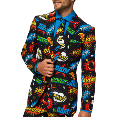 OPPOSUITS Garnitur męski z krawatem, wesoły, kolorowy komiks, wzór, BADABOOM, casual | Sklep GriShop.eu | Garnitury