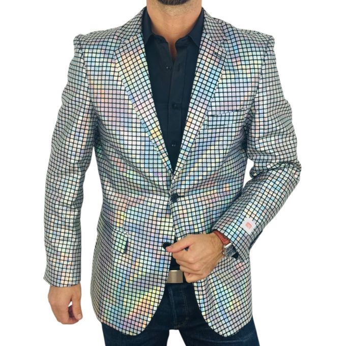 OPPOSUITS Marynarka męska srebrna, imprezowa, disco, połysk, blask, kwadraciki, casual | Sklep GriShop.eu | Marynarki