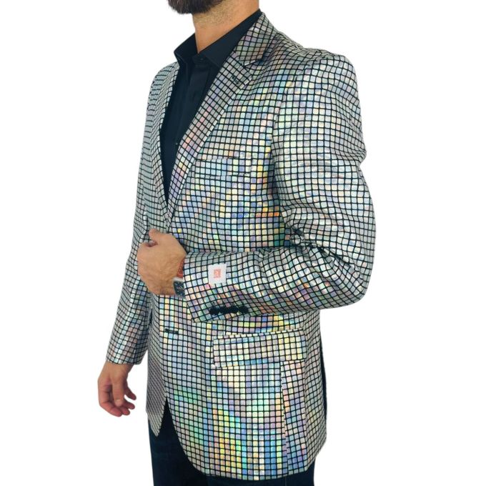 OPPOSUITS Marynarka męska srebrna, imprezowa, disco, połysk, blask, kwadraciki, casual | Sklep GriShop.eu | Marynarki