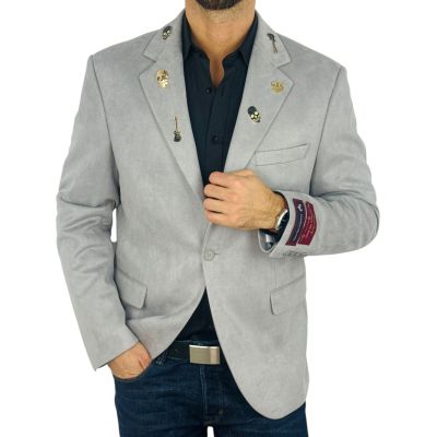 MARCO MILANO Marynarka męska C33 jasna szara, gładka, elegancka, casual, sportowa, elastyczna, ozdobne PINY na kołnierzu | Sklep