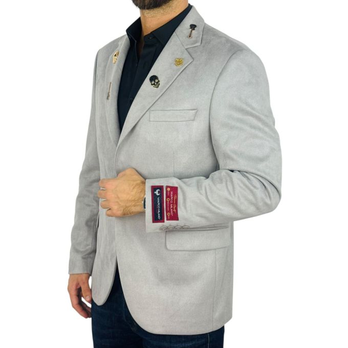 MARCO MILANO Marynarka męska C33 jasna szara, gładka, elegancka, casual, sportowa, elastyczna, ozdobne PINY na kołnierzu | Sklep