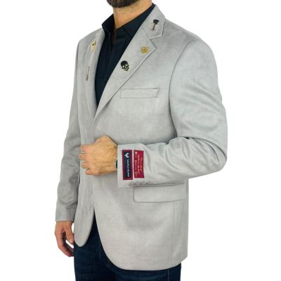 MARCO MILANO Marynarka męska C33 jasna szara, gładka, elegancka, casual, sportowa, elastyczna, ozdobne PINY na kołnierzu | Sklep