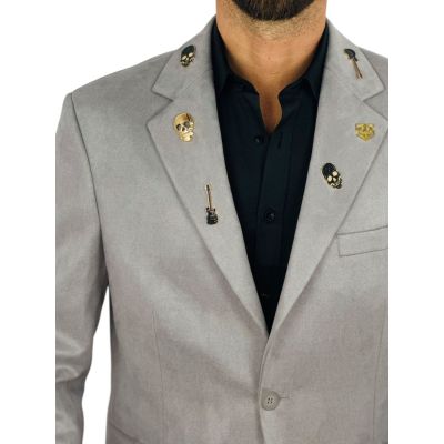 MARCO MILANO Marynarka męska C33 jasna szara, gładka, elegancka, casual, sportowa, elastyczna, ozdobne PINY na kołnierzu | Sklep