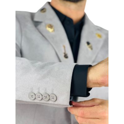 MARCO MILANO Marynarka męska C33 jasna szara, gładka, elegancka, casual, sportowa, elastyczna, ozdobne PINY na kołnierzu | Sklep