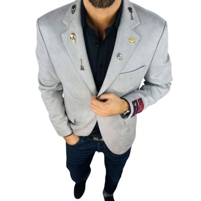 MARCO MILANO Marynarka męska C33 jasna szara, gładka, elegancka, casual, sportowa, elastyczna, ozdobne PINY na kołnierzu | Sklep