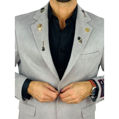 MARCO MILANO Marynarka męska C33 jasna szara, gładka, elegancka, casual, sportowa, elastyczna, ozdobne PINY na kołnierzu | Sklep
