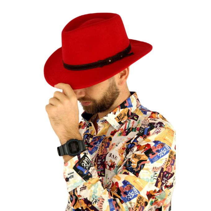 HOLOGRAMME PARIS kapelusz męski jazzowy KPH1 czerwony, 100% wełna, ręcznie robiony | Sklep GriShop.eu | Galanteria i dodatki