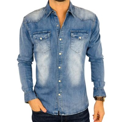 BRUNO LEONI Koszula męska niebieska KB1 jeansowa - na napy, Super Slim | Sklep GriShop.eu | Koszule