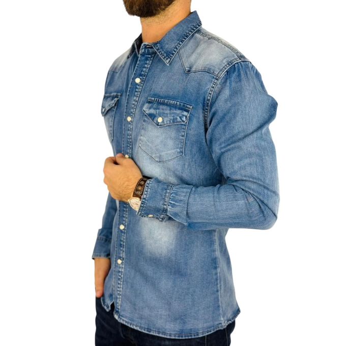 BRUNO LEONI Koszula męska niebieska KB1 jeansowa - na napy, Super Slim | Sklep GriShop.eu | Koszule