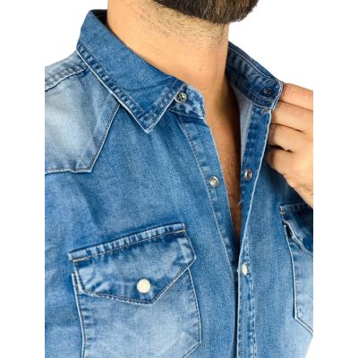 BRUNO LEONI Koszula męska niebieska KB1 jeansowa - na napy, Super Slim | Sklep GriShop.eu | Koszule