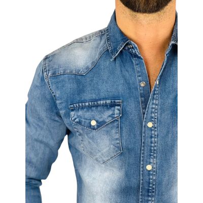 BRUNO LEONI Koszula męska niebieska KB1 jeansowa - na napy, Super Slim | Sklep GriShop.eu | Koszule