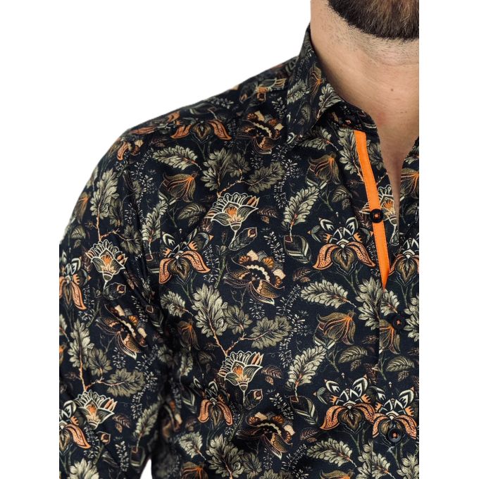DANIEL BESSI Koszula męska fb113 czarna, liście, kwiaty, kolorowa | Sklep GriShop.eu | Koszule