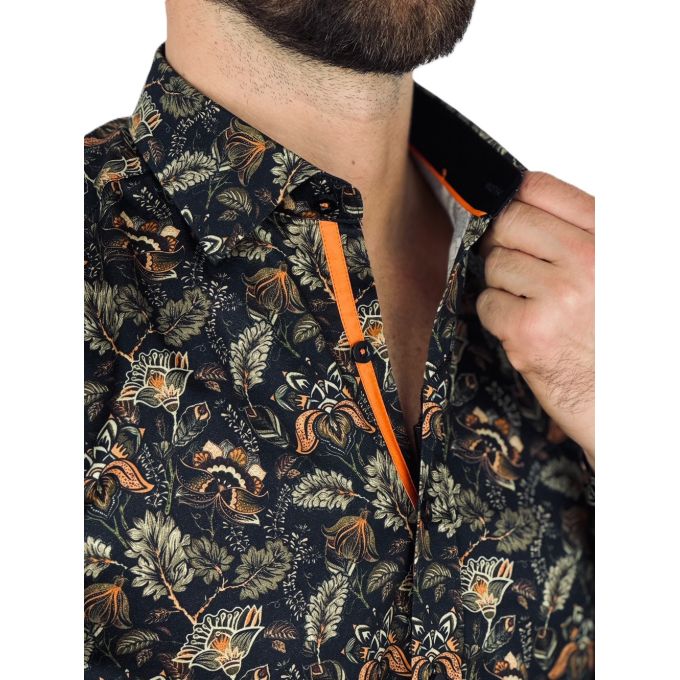 DANIEL BESSI Koszula męska fb113 czarna, liście, kwiaty, kolorowa | Sklep GriShop.eu | Koszule