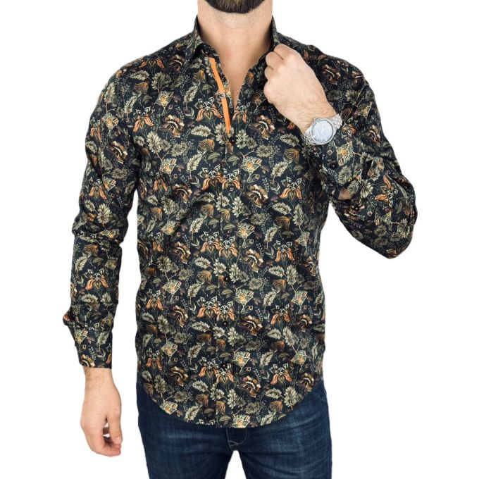 DANIEL BESSI Koszula męska fb113 czarna, liście, kwiaty, kolorowa | Sklep GriShop.eu | Koszule