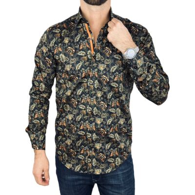 DANIEL BESSI Koszula męska fb113 czarna, liście, kwiaty, kolorowa | Sklep GriShop.eu | Koszule