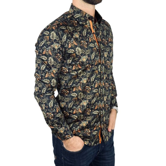 DANIEL BESSI Koszula męska fb113 czarna, liście, kwiaty, kolorowa | Sklep GriShop.eu | Koszule