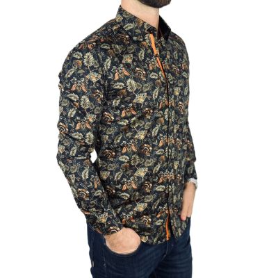 DANIEL BESSI Koszula męska fb113 czarna, liście, kwiaty, kolorowa | Sklep GriShop.eu | Koszule