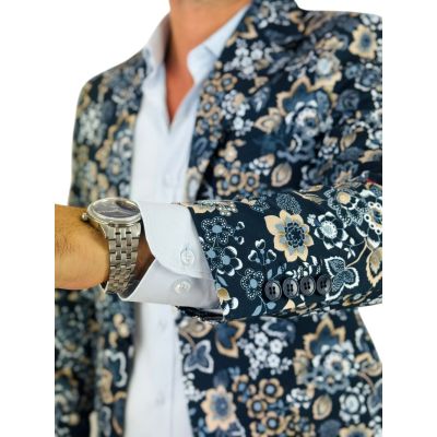 MARCO MILANO Marynarka męska C35 granatowa w beżowe kwiaty, liście, casual, | Sklep GriShop.eu | Marynarki