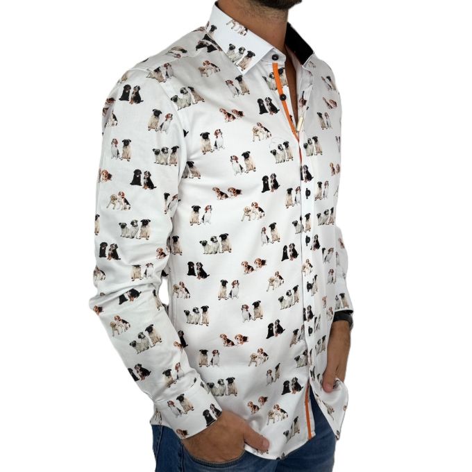 DANIEL BESSI Koszula męska fb128 biała, pieski, szczeniaczki | Sklep GriShop.eu | Koszule