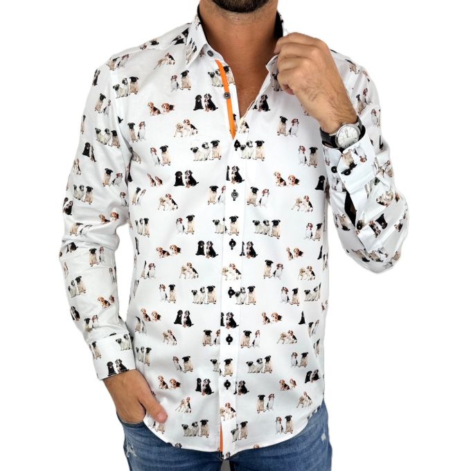 DANIEL BESSI Koszula męska fb128 biała, pieski, szczeniaczki | Sklep GriShop.eu | Koszule