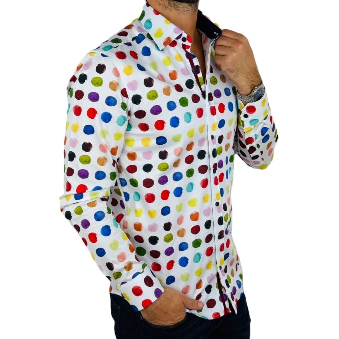 DANIEL BESSI Koszula męska fb120 biała, kolorowe grochy dla malarza artysty | Sklep GriShop.eu | Koszule