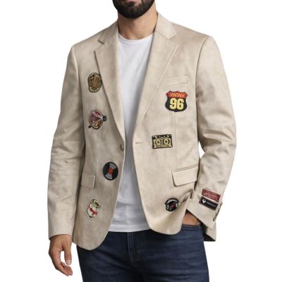 MARCO MILANO Marynarka męska C90 jasna beżowa, elegancka, casual, sportowa, elastyczna, naszywki | Sklep GriShop.eu | Marynarki