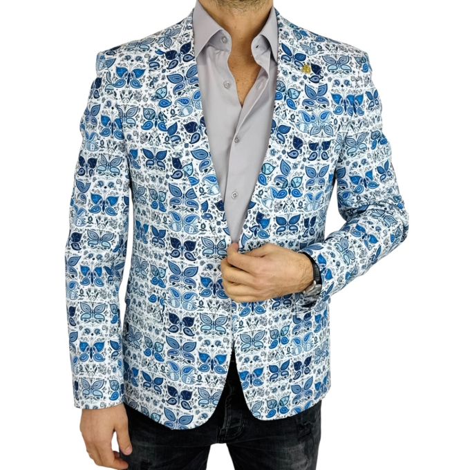MARCO MILANO Marynarka męska C43 biała w niebieskie motyle | Sklep GriShop.eu | Marynarki