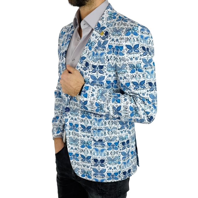 MARCO MILANO Marynarka męska C43 biała w niebieskie motyle | Sklep GriShop.eu | Marynarki