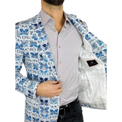 MARCO MILANO Marynarka męska C43 biała w niebieskie motyle | Sklep GriShop.eu | Marynarki