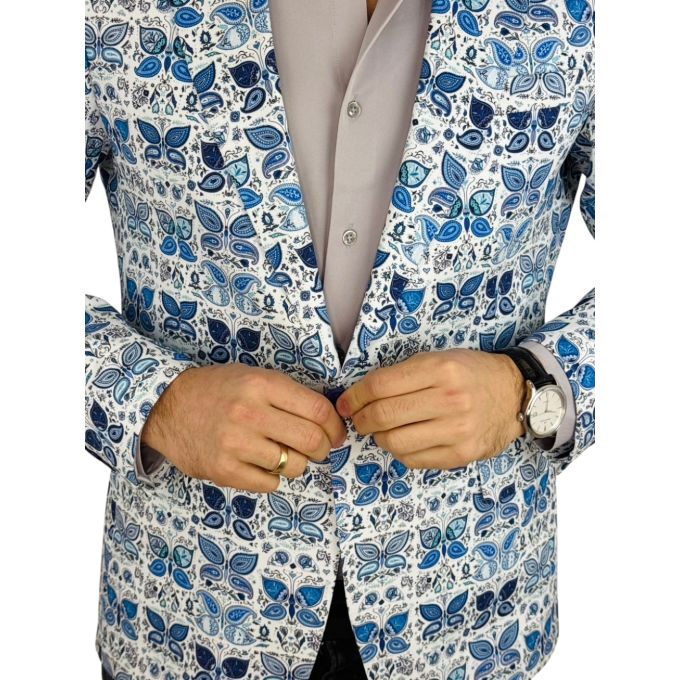 MARCO MILANO Marynarka męska C43 biała w niebieskie motyle | Sklep GriShop.eu | Marynarki