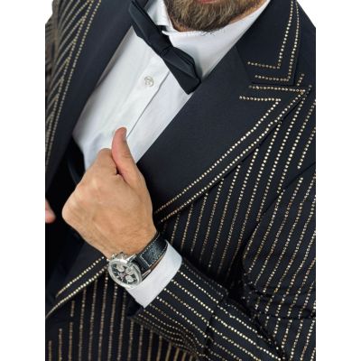 GIOVANNI PERA Garnitur GR13 ekskluzywny, sceniczny, czarny-złoty, ozdobnne kryształki paski, dla Pana Mlodego | Sklep GriShop.eu