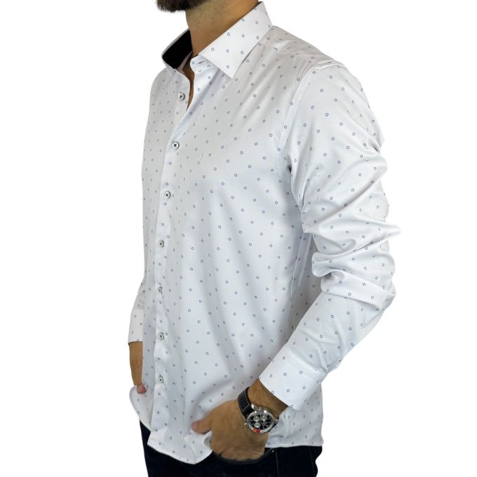 DANIEL BESSI Koszula męska fb199 biała, drobne niebieskie kwiatki, efekt jedwabiu | Sklep GriShop.eu | Koszule