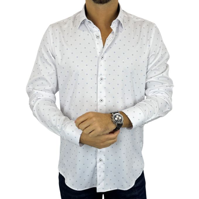 DANIEL BESSI Koszula męska fb199 biała, drobne niebieskie kwiatki, efekt jedwabiu | Sklep GriShop.eu | Koszule