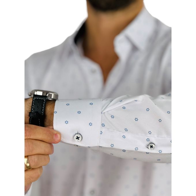 DANIEL BESSI Koszula męska fb199 biała, drobne niebieskie kwiatki, efekt jedwabiu | Sklep GriShop.eu | Koszule