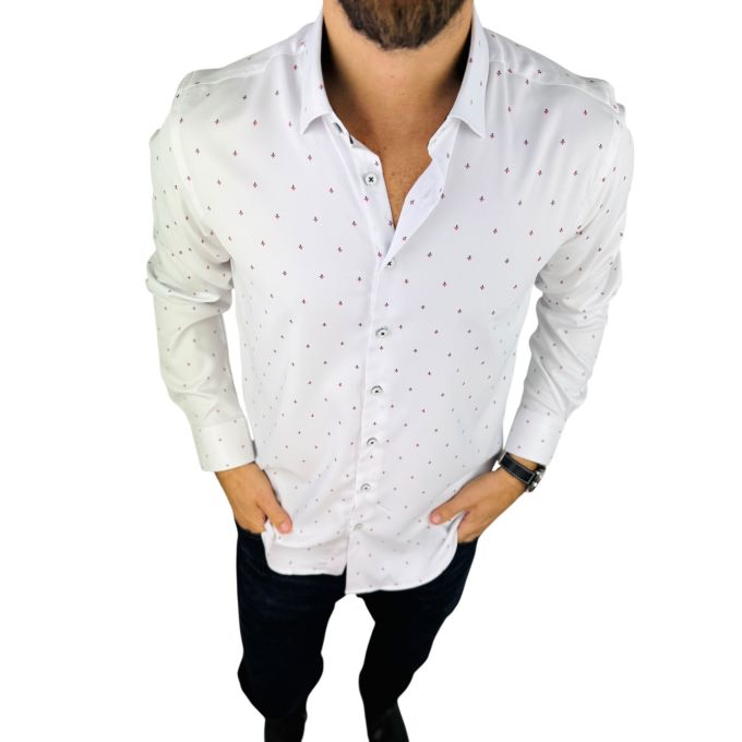 DANIEL BESSI Koszula męska fb185 biała, logowana, efekt jedwabiu | Sklep GriShop.eu | Koszule