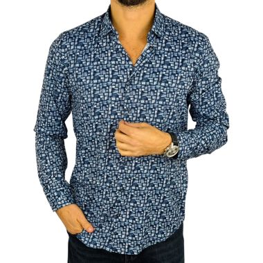 DANIEL BESSI Koszula męska fb112 Niebieska, biały wzór, efekt jedwabiu | Sklep GriShop.eu | Koszule